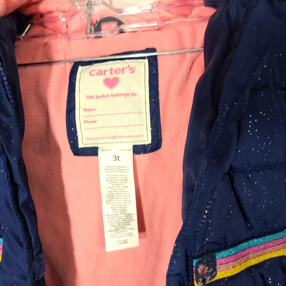 Carter's Toddler Girls Size 3t Navy Blue Hooded‎ Coat Ski Jacket Faux Fur Trim